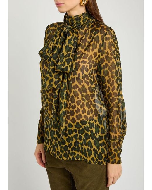 Saint Laurent Green Leopard Semi-Sheer Silk Blouse