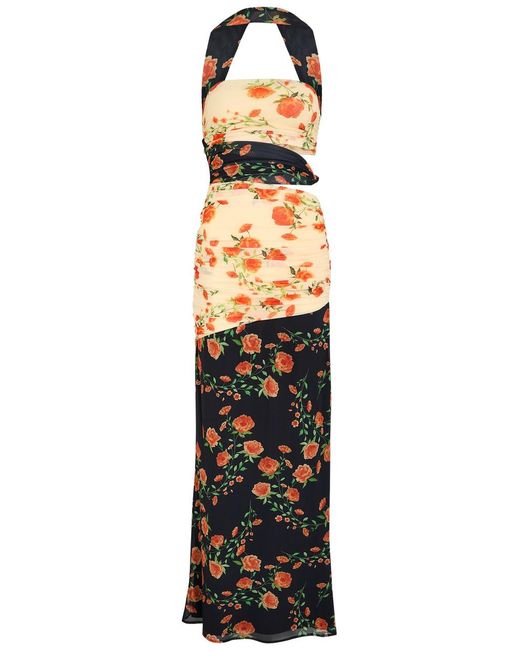 De La Vali Black Nudo Floral-Print Mesh Maxi Dress