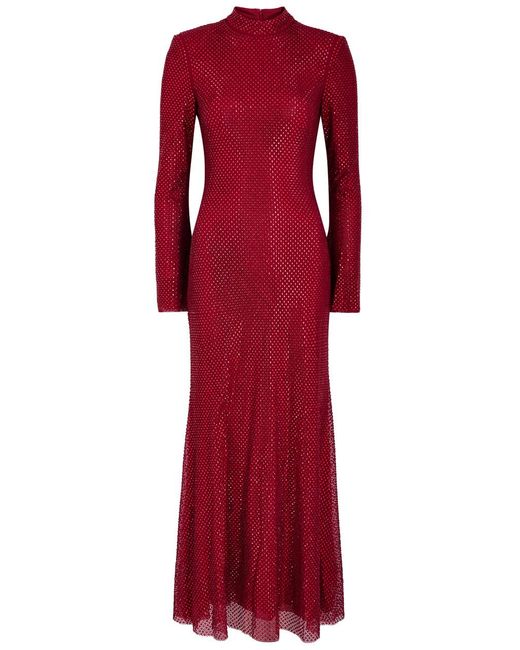 Self-Portrait Red Crystal-Embellished Mesh Midi Dress