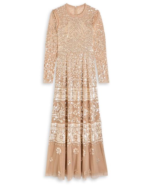 Needle & Thread Natural Aurora Sequin-Embellished Gown