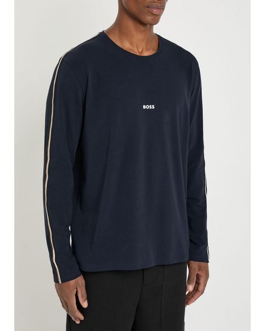 Boss Blue Unique Logo Stretch-Cotton T-Shirt for men