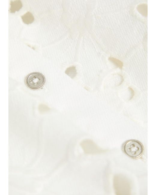 Alice + Olivia White Finely Cutwork Embroidered Denim Shirt