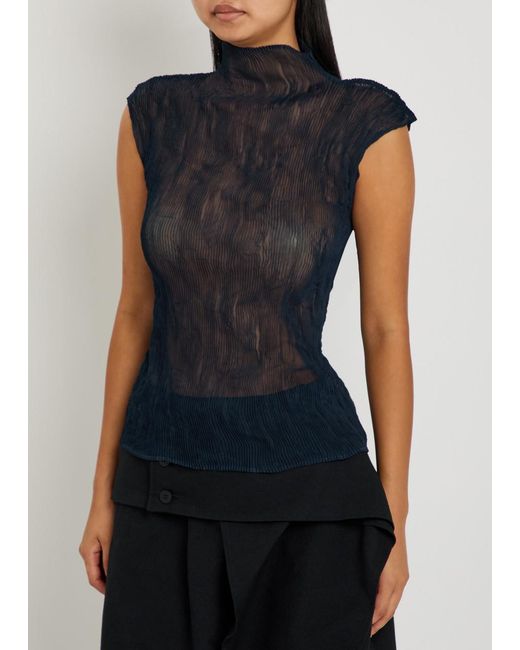 Issey Miyake Blue Twist Pleated Semi-Sheer Chiffon Top