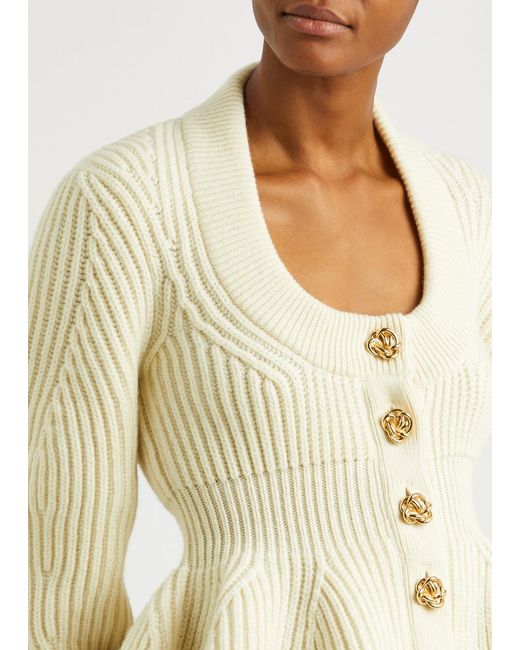 Alexander McQueen Natural Ribbed Peplum Wool-Blend Cardigan