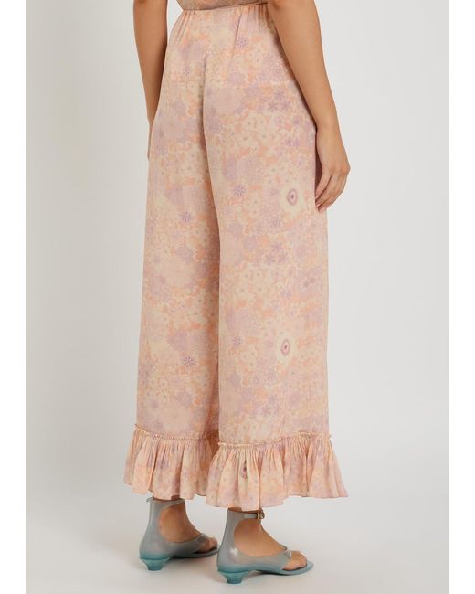 Chloé Pink Floral-Print Frill Wide-Leg Silk Trousers