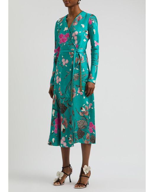 Diane von Furstenberg Blue Anika Printed Reversible Satin Wrap Dress
