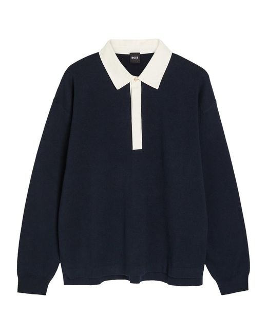 Boss Blue Cotton And Wool-Blend Rugby Top for men