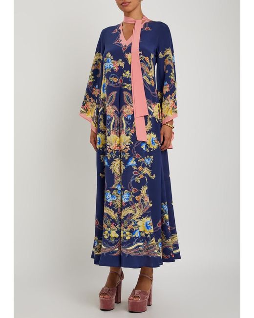 Etro Blue Printed Scarf-Effect Silk Maxi Dress