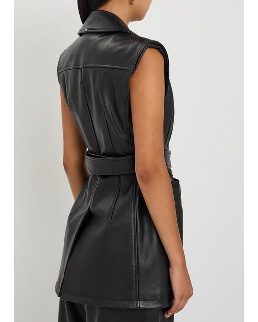 Sportmax Black Belted Leather Biker Vest Jacket