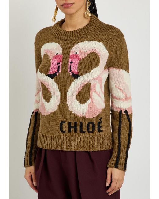 Chloé Multicolor Flamingo And Logo-Intarsia Wool Jumper