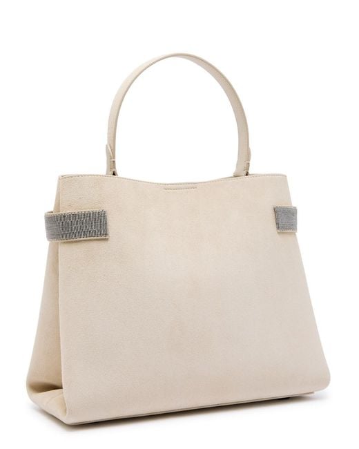 Brunello Cucinelli Natural Stud-Embellished Suede Top Handle Bag