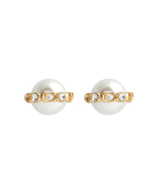 COACH White Logo Crystal-Embellished Faux Stud Earrings