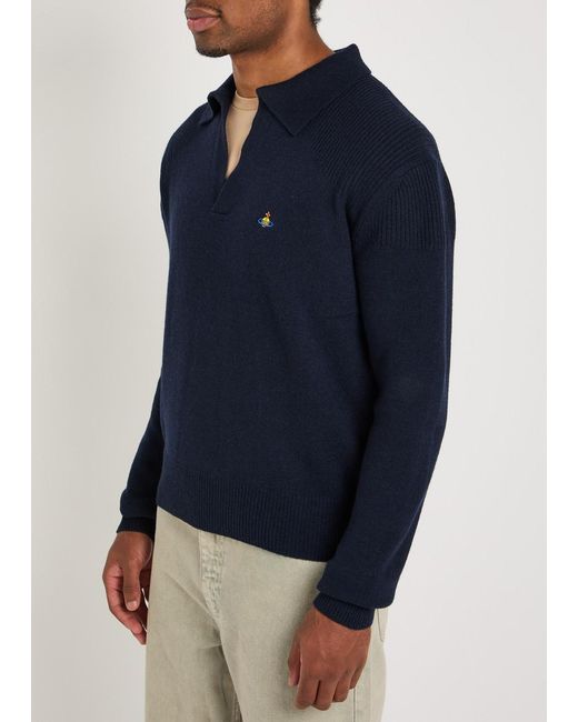 Vivienne Westwood Blue Logo-Embroidered Wool And Cashmere-Blend Polo Jumper for men