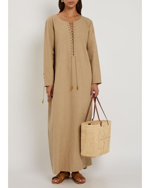Tory Burch Natural Lace-Up Linen-Blend Maxi Tunic Dress