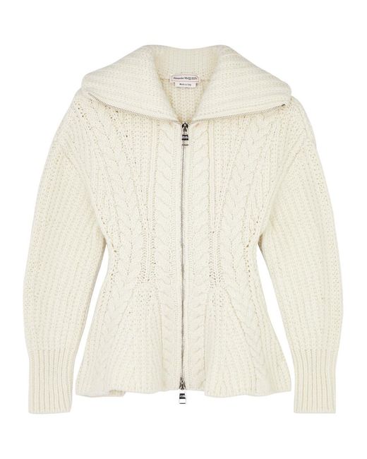 Alexander McQueen White Cable-knit Peplum Wool-blend Cardigan
