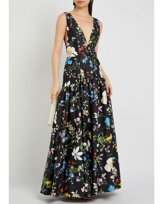 Alice + Olivia Black Lila Floral Print Tiered Stretch-Cotton Gown