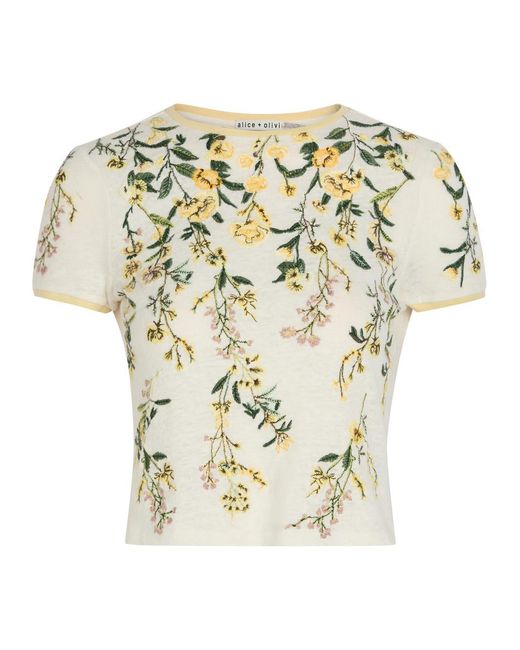 Alice + Olivia White Cindy Floral-Embroidered Linen T-Shirt