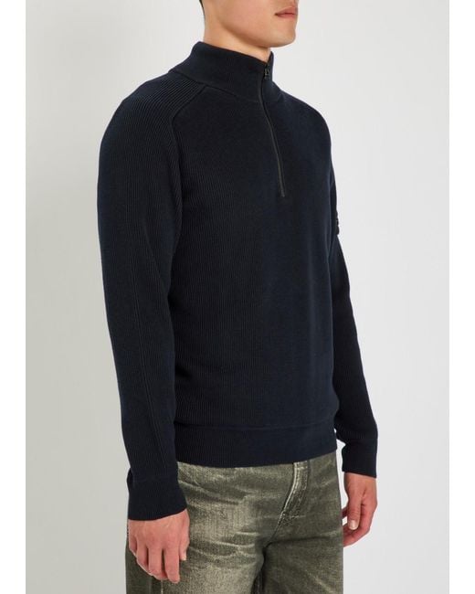 Stone Island Blue Logo-Appliquéd Half-Zip Ribbed Cotton-Knit Jumper for men