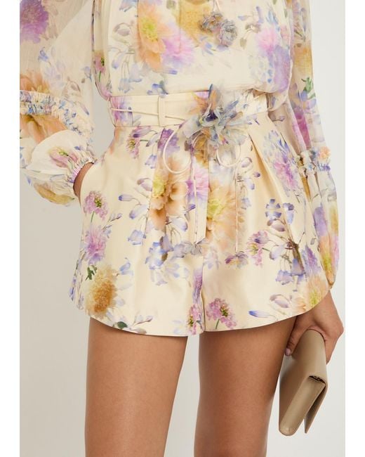 Zimmermann Natural Luna Floral Belted Silk-Blend Shorts