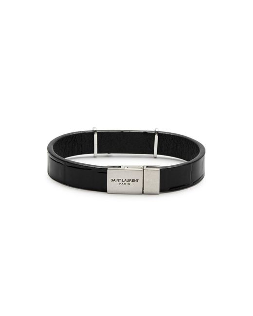 Saint Laurent Black Logo Crocodile-effect Leather Bracelet for men