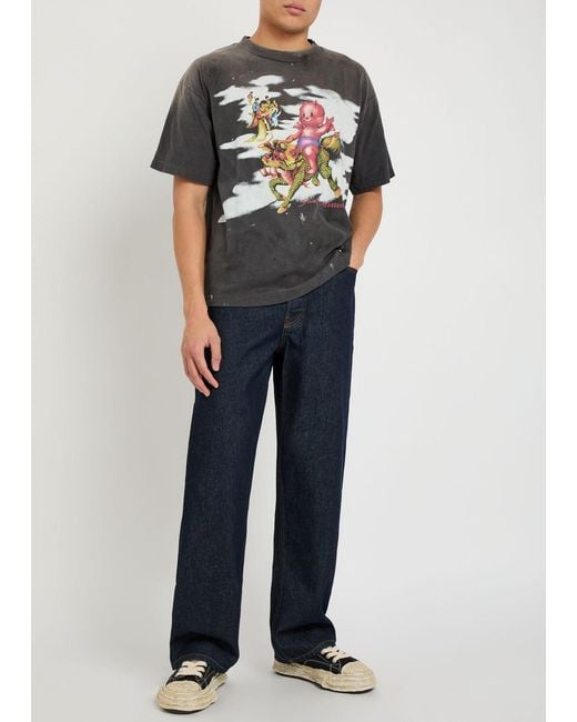 SAINT Mxxxxxx Gray Damaged Printed Cotton T-Shirt for men