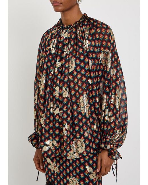 Etro Brown Floral-Embroidered Silk Blouse