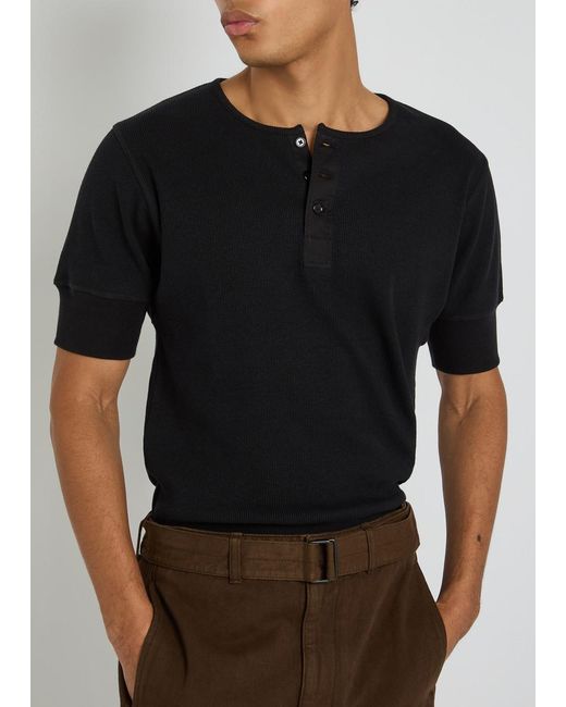 Lemaire Black Ribbed Cotton-Blend Henley T-Shirt for men