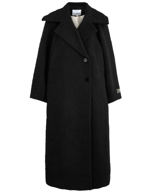 Ganni Boucle Long Wrap Coat In Black Brown Ganni Boucle Wool