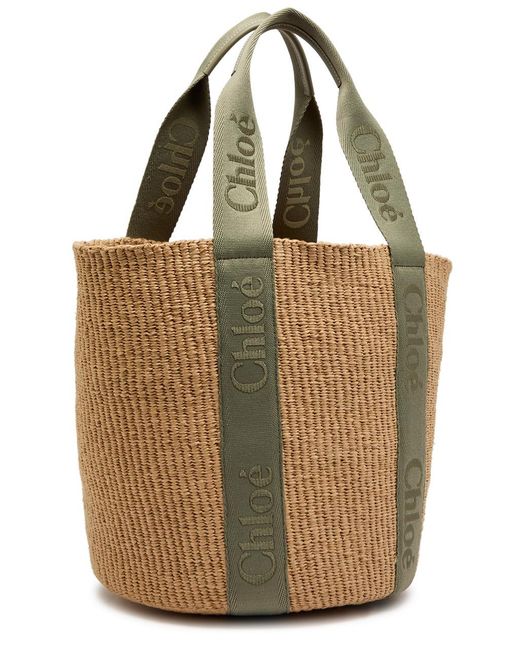 Chloé Green Woody Logo-Embroidered Raffia Basket Bag