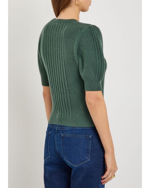 PAIGE Green Kato Puff-Sleeve Ribbed Cashmere Top
