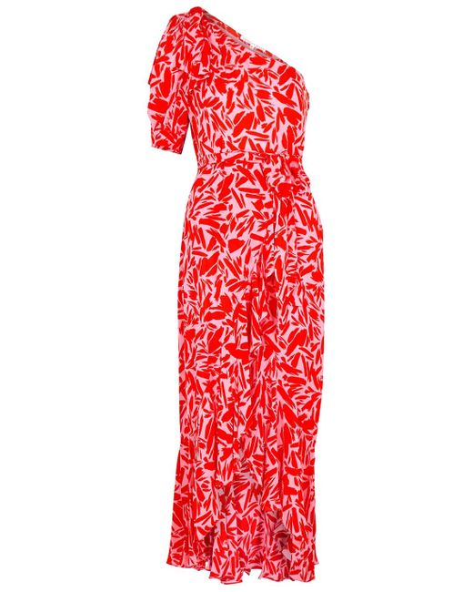 Veronica Beard Red Vie Printed One-shoulder Silk-blend Midi Dress