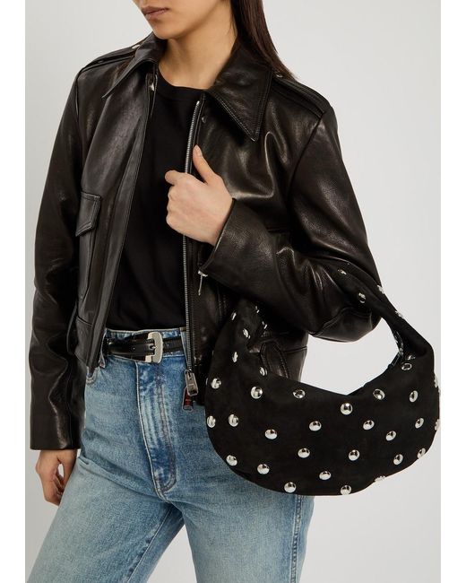 Khaite Black Olivia Medium Studded Suede Top Handle Bag