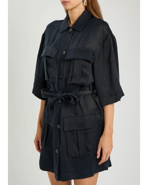 Anine Bing Black Geri Belted Woven Mini Shirt Dress