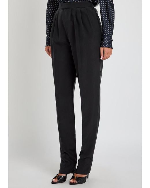 Saint Laurent Black Pleated Tapered-Leg Brushed Silk Trousers
