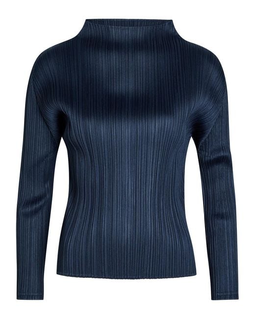 Pleats Please Issey Miyake Blue Pleated Mock-Neck Woven Top