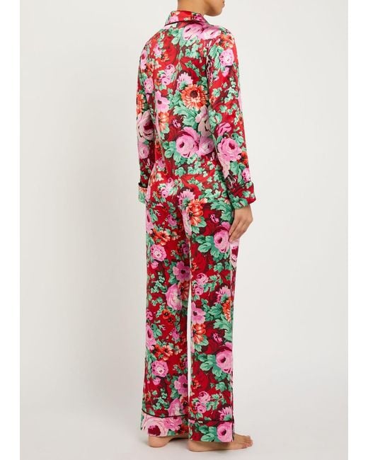 Olivia Von Halle Red Lila Floral-Print Silk Pyjama Set