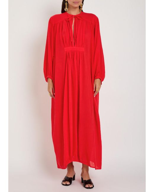 Les Vacances d'Irina Red Hazy Nipple Pleated Cotton Midi Dress