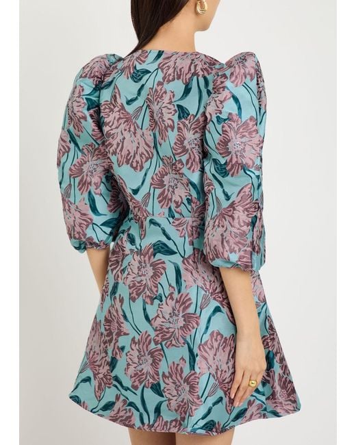 Sister Jane Blue Deco Bloom Floral-Jacquard Woven Mini Wrap Dress