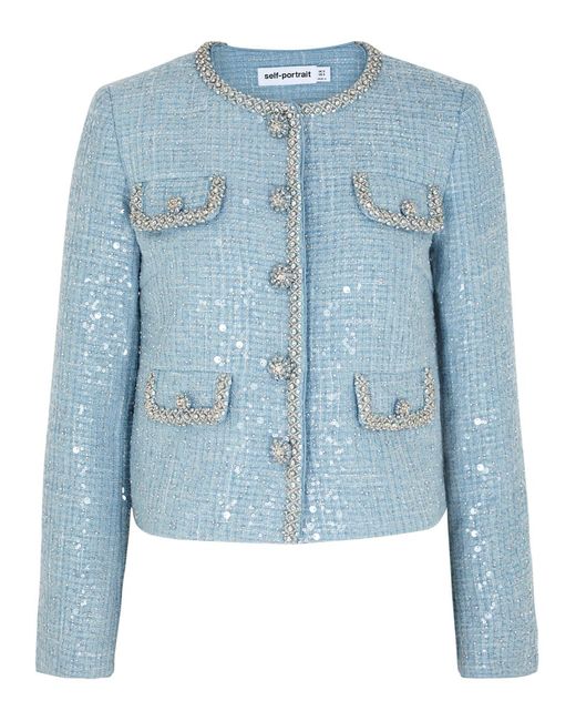 SelfPortrait Sequinembellished Bouclé Tweed Jacket in Blue Lyst