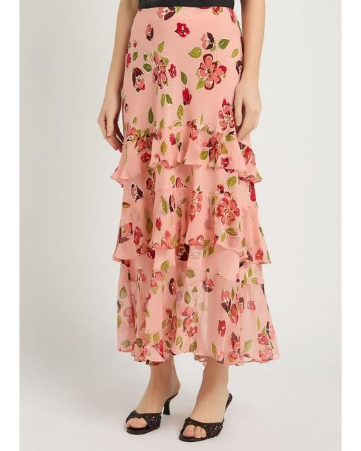 Rixo Red Preslee Floral Ruffled Silk-Chiffon Midi Skirt