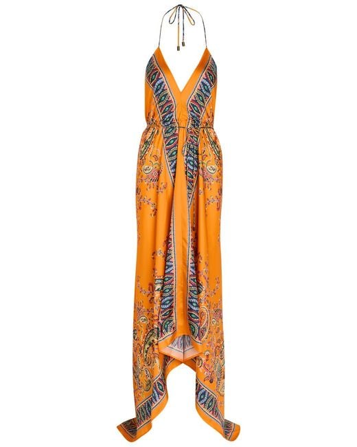 Etro Orange Asymmetric Printed Silk Maxi Dress