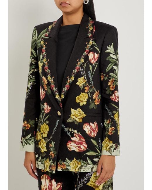 Alice + Olivia Black Denny Floral-Print Linen-Blend Blazer