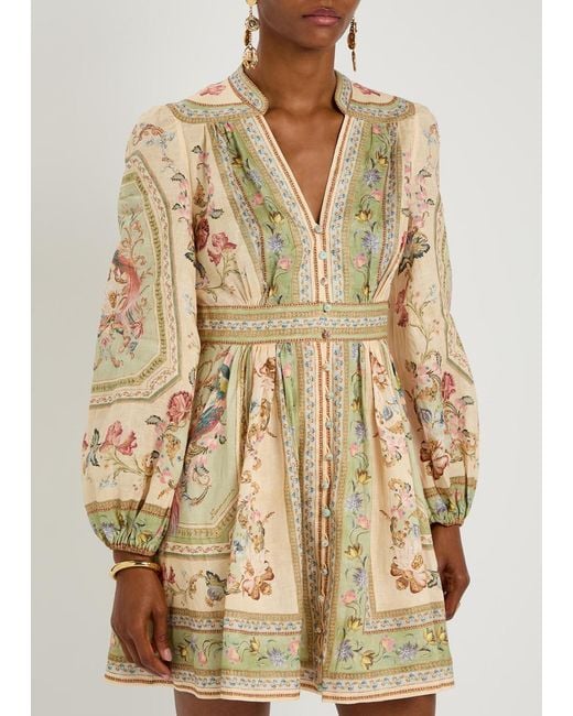 Zimmermann Natural Roselight Printed Linen Mini Dress