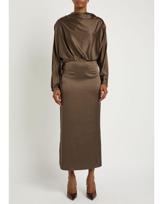 Staud Brown Phoebe Draped Stretch-Silk Dress
