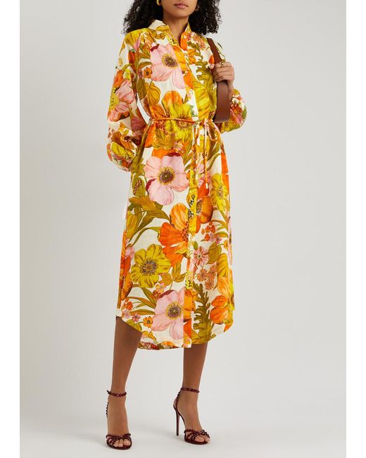 ALÉMAIS Orange Silas Floral-print Linen Midi Dress
