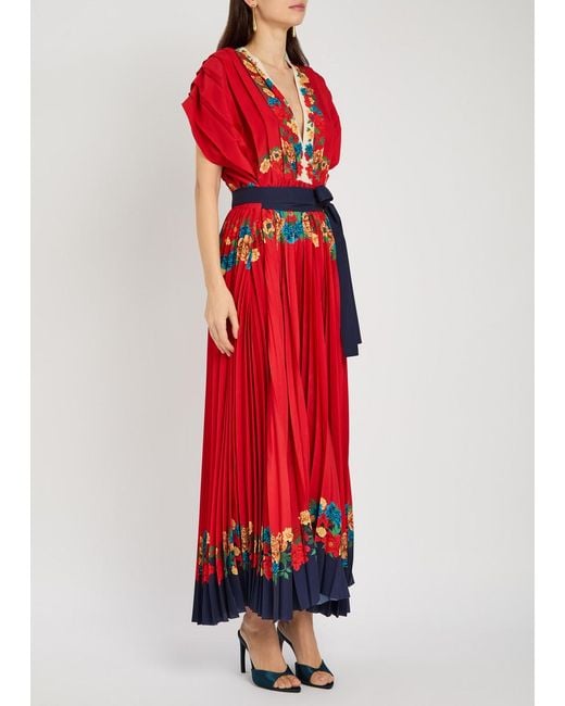LaDoubleJ Red Accordion Floral-Print Crepe Maxi Dress