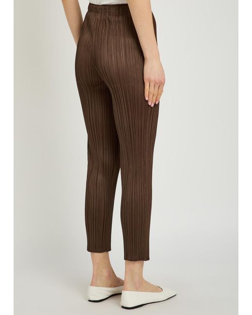 Pleats Please Issey Miyake Brown Pleated Tapered-Leg Woven Trousers