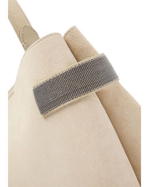 Brunello Cucinelli Natural Stud-Embellished Suede Top Handle Bag