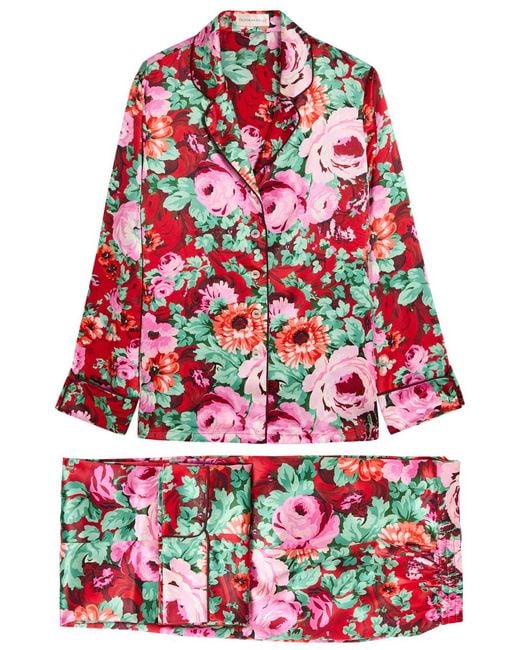 Olivia Von Halle Red Lila Floral-Print Silk Pyjama Set