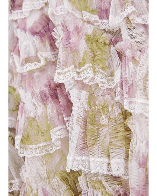 Needle & Thread White Wisteria Printed Ruffled Tulle Mini Dress